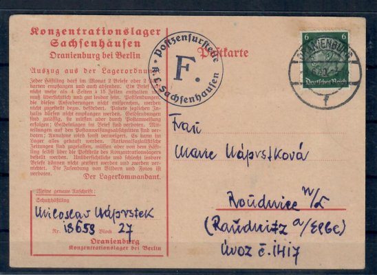DR- 1940,  KT Sachsenhausen / předtištěná karta vyfr. zn. 6 Pf, zaslána českým vězněm do Protektorátu, podací DR Oranienburg/ 08.06.40, nepatrné stopy poštovního provozu,  zachovalé
