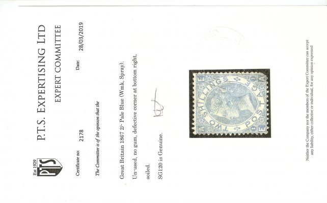 Anglie  120 SG ; 2 shilling deep Blue - Rok vydání 1867 ;  chybějící  zub vpravo,  - nepoužitá ; Anglický Atest z roku 2019 kat. cena 5000 Liber - vzácná známka -