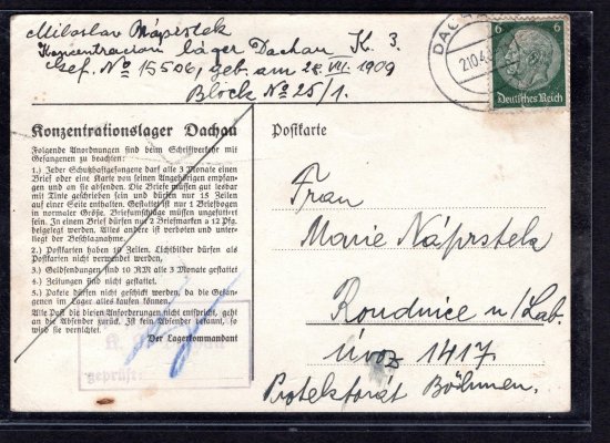 1940  KT DACHAU, předtištěná karta vyfr. zn. 6Pf, zasláná českým vězněm do Protektorátu, podací DR DACHAU/.1940, doplněno rámečkovým raz. cenzurováno s podpisem cenzora, zajímavá a  hledaná celistvost, hezký stav