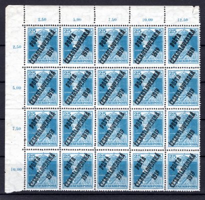 121 Ob, levý horní rohový 20 ti blok s počítadly, Karel, modrá 25 f, spojené typy přetisku, zajímavé, obtisky ve větších blocích se vyskytují zřídka