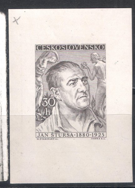 830 ZT - ZT hodnoty 30h s motivem Jana Štursy na lístku bílého papíru bez lepu, černá svislá čára v levé části, zk. Beneš 