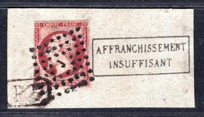 Francie - Mi. 17 a,  1 Fr. Napoleon na dekorativním výstřižku s rámečkovým razítkem "Afranchissement", hledaná a vzácná známka, katalog 4200,- Eu
