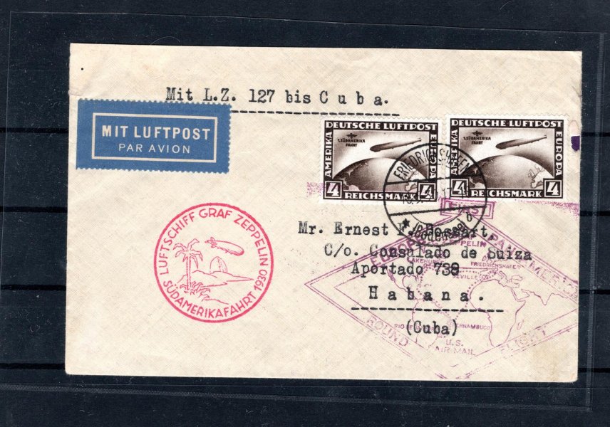 Zeppelin ; 1930, 1. SAF na Kubu () RRR , frankovaný 2x 4RM (Mi 439), červený kašet SAF + fialový kašet Roundflight, mimořádná celistvost, velmi vzácná