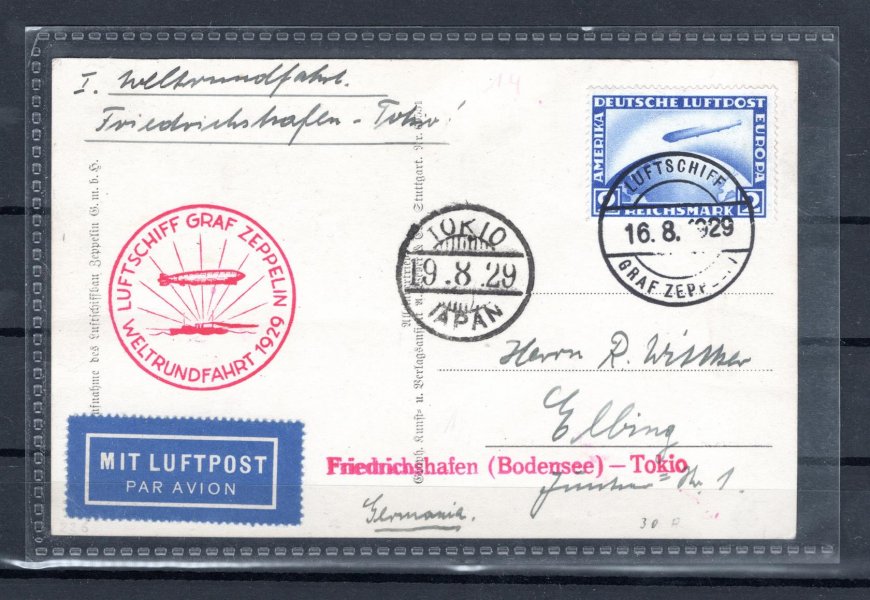 Zeppelin ; 16. 8. 1929, zeppelinová pohlednice LZ 127 do Tokia - Weltrundfahrt, červený kašet, příchozí razítko Tokio /19. 8. 1929 - hezká pohlednice do atraktivní destinace
