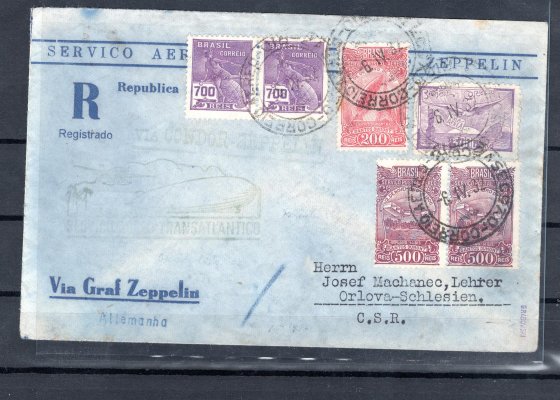 Brazilie - Zeppelin ; 1932 R-zeppelinový dopis zaslaný do Čech, správný kašet, tranzitní razítko FRIEDRICHSHAFEN s datem 13. 4. 32, příchozí ORLOVÁ s datem 15. 4. 32, zk. Grabowski
