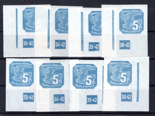 NV 2, novinové, L + P, dolní rohové 4 bloky s DČ 33-42/36-42,  modrá 5 h kat cena 680 kč 