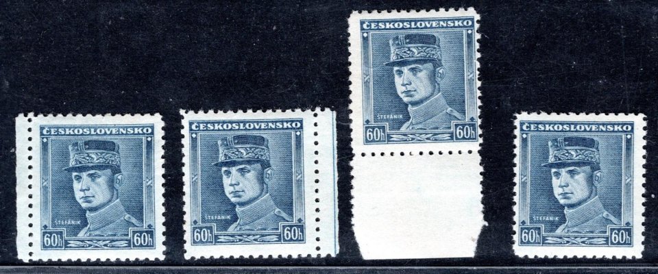 0351 ; 60 H modrá Štefánik 4 x samostatná známka, levý, pravý a spodní okraj - kat. cena Pofis 2800 Kč, kat. cena Synek 140 euro 