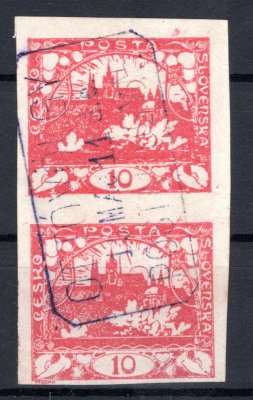 5; 10 h červená, dvoupáska s fialovým uherským rámečkovým razítkem poštovny OTTÓVÖLGY, ojedinělý výskyt.