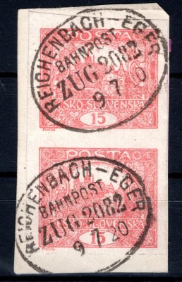 7; 15 h cihlově červená, dvoupáska na výstřižku se vzácným razítkem přeshraniční saské vlakové pošty REICHENBACH – EGER, 9. 7. 20. Votoček uvádí ve 14. dílu pod č. 4122/4, 100 bodů.  