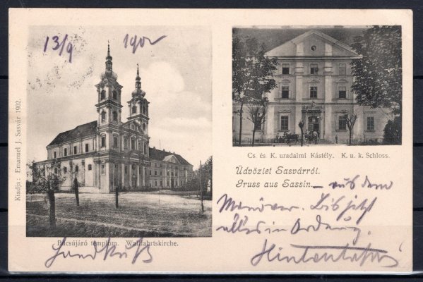 Pohlednice Gruss aus Sassin použitá během císařských manévrů u slovenského Šaštína v r. 1902, s uherskou známkou 5 f Turul, vzácné raz. K. UND K. FELDPOST-LEITUNG No. 2, 12. 9. 02.