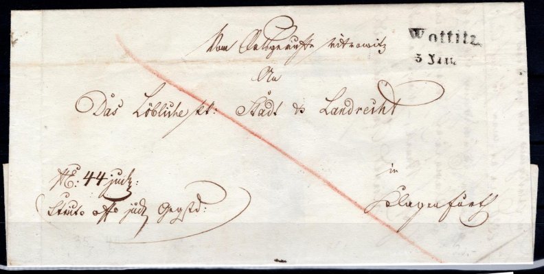 Skládaný dopis z Votic z r. 1845, řádkové raz. Wottitz, Vot. 2697/4a, 40 bodů.