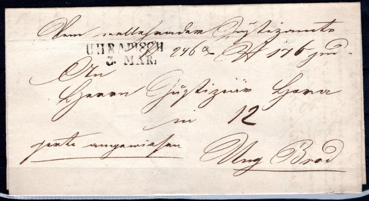 Skládaný dopis z Uherského Hradiště z r. 1847, řádkové raz. U: HRADISCH, Vot. 2503/7, 50 bodů.