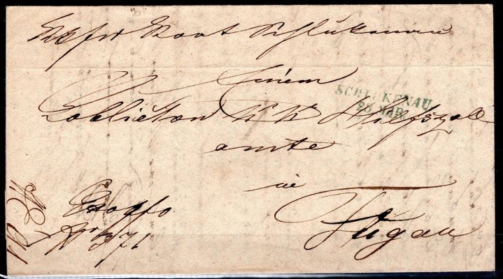 Skládaný dopis ze Šluknova z r. 1848, zelené řádkové raz. SCHLUKENAU, Vot. 2151/3, 100 bodů.