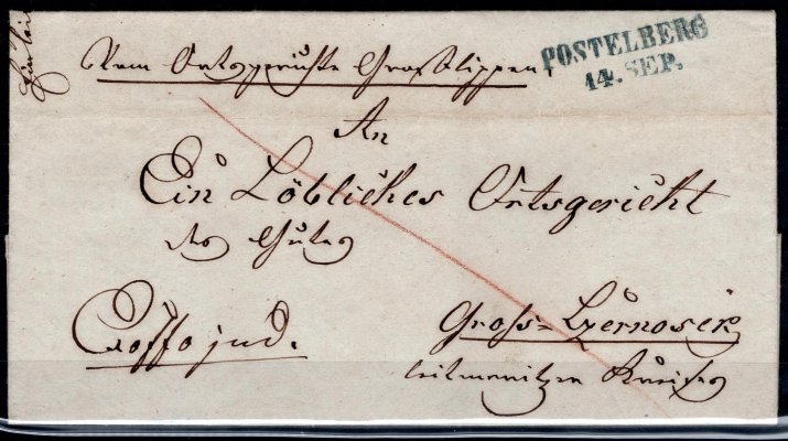 Skládaný dopis z Postoloprt z r. 1847, řádkové raz. POSTELBERG, Vot. 1854/1, 50 bodů.