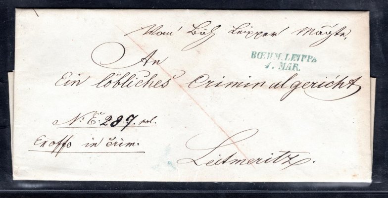 Skládaný dopis z roku 1849 - podací razítko BÖEHM. LEIPPA - Česká Lípa, zelené příchozí Leitmeritz ( Litoměřice) modré 