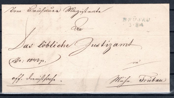 Skládaný dopis z roku 1849 - podací razítko Brusau - Březová nad Svitavou - v modorozelené barvě - Votoček 100 bodů 