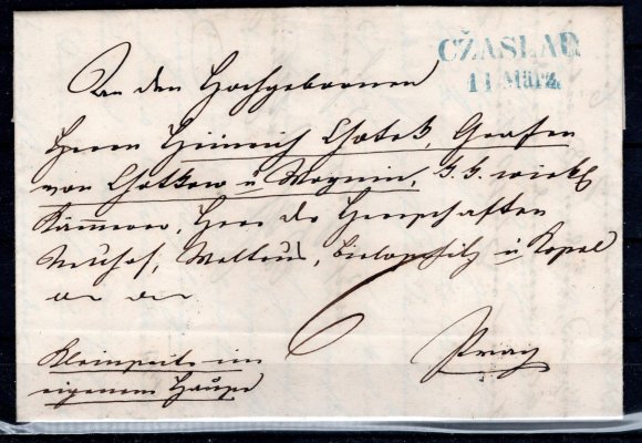 Skládaný dopis z roku 1843 - podací razítko CZASLAU - Čáslav v modré barvě - příchozí PRAG - neporušená pečeť 