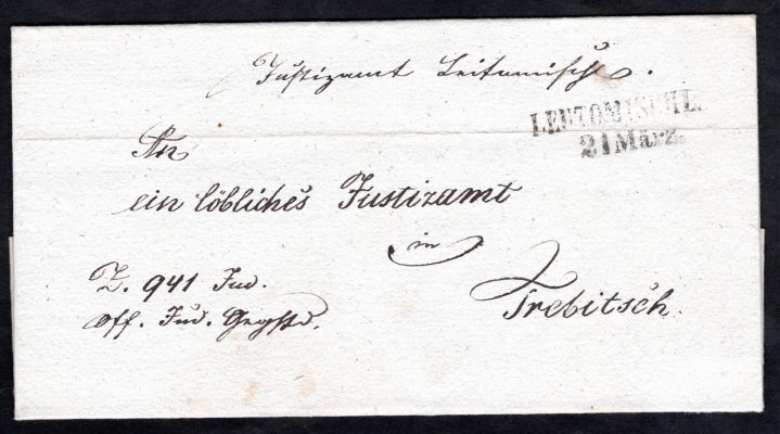 Skládaný dopis z  března roku 1850 - podací razítko LEUTOMISCHL - Litomyšl 