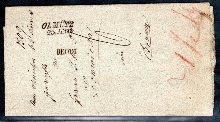 Skládaný doporučený  dopis po roce 1850 z vyznačením TAX 6 - podací razítko OLMUTZ +
 RECOM - příchozí rámečkové BRUNN- Brno 