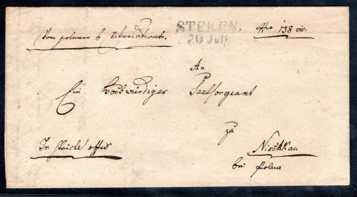 Skládaný dopis z roku 1855 - podací razítko STEKEN - Štoky - tranzitní IGLAU - příchozí Polná