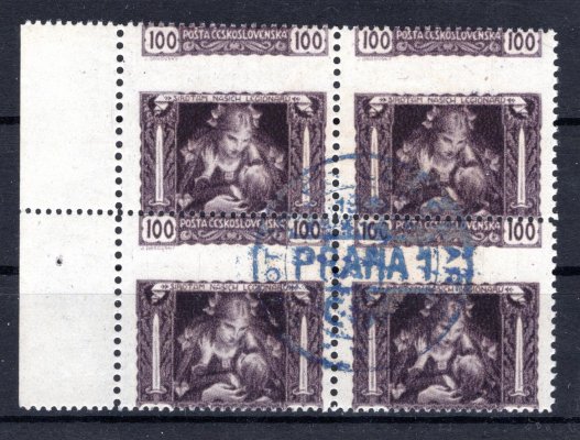 31 B ; 100 h fialová krajový 4-blok se silně posunutou perforací do obrazu známek , modrý nátisk 