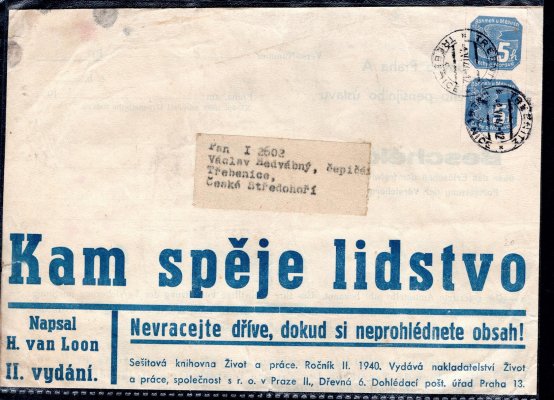 výstřižek z přebalu novinové zásilky, razítko Třebenice 1/VI/40 do Třebenic vyplaceno dvoupáskoum NV 11 - 5 h modrá
