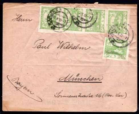 dopis z Prahy 1, 31/X19 do Mnichova vyplacený násobnou jednobarevnou frankaturou 5 x č. 3, tedy 25 h, lehké stopy poštovního provozu