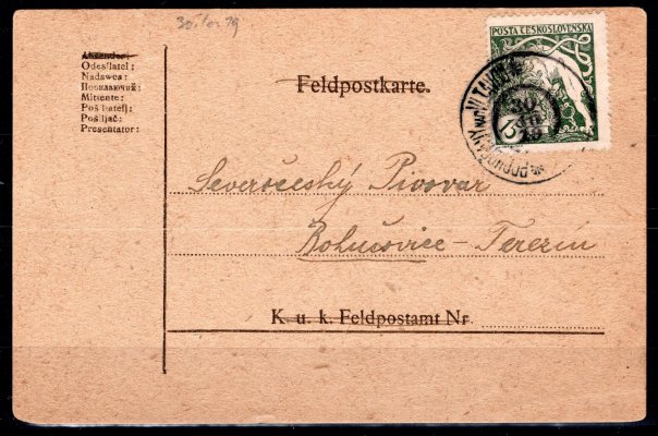 legionářské celistvosti, předtištěná karta vyfrankovaná legionářskou známkou hodnoty 15 h zelená, odeslaná na pivovar do Terezína, odesláno dle platného tarifu, razítko s datem 30. X. 1919
