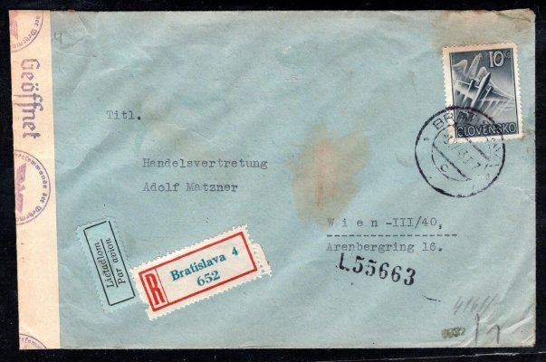 R letecký cenzurovaný dopis vyplacený L 8, podací Bratislava 5/IV/43 do Vídně, příchozí Vídeň, hnědé skvrny, lehké stopy poštovního provozu, přesto mimořádná frankatura