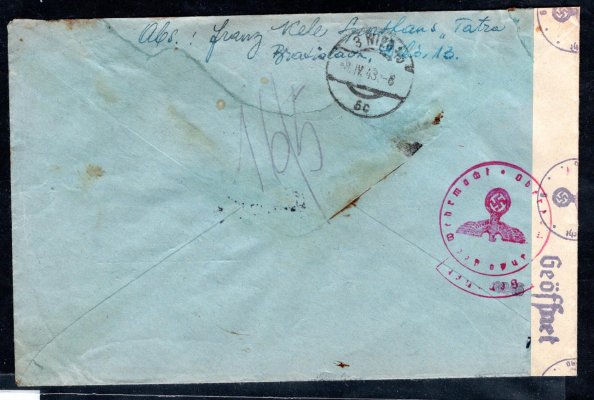 R letecký cenzurovaný dopis vyplacený L 8, podací Bratislava 5/IV/43 do Vídně, příchozí Vídeň, hnědé skvrny, lehké stopy poštovního provozu, přesto mimořádná frankatura