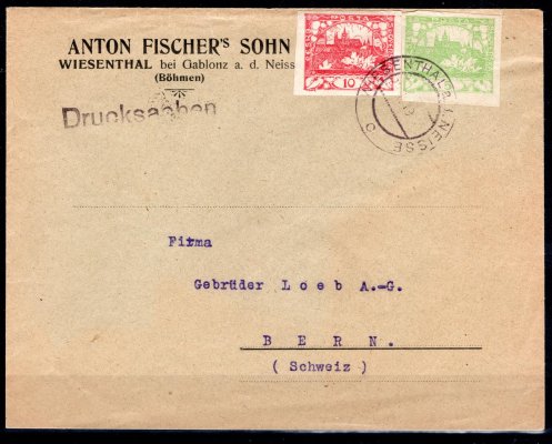 firemní dopis do Švýcarska s Pof. 3 + 5, odeslaný jako TISKOPIS, raz. Wiesenthal a.d. Neisse, 29/1/19, příchozí Bern, 5/2/19