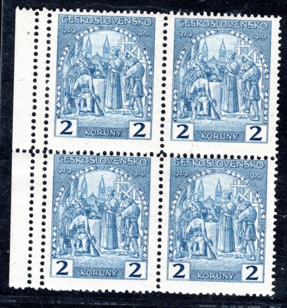 245, sv. Václav, krajový 4 blok s dvojitou perforací na okraji, přeloženo v perforaci -  modrá 2 Kč, zk. Karásek - hledané 