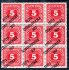 72, doplatní malá čísla, 5 h červená, 9 ti blok s velkým posunem přetisků směrem dolů, horní třípáska ( známka natržena + nálepka - 7 známek luxusní - dekorativní kus 