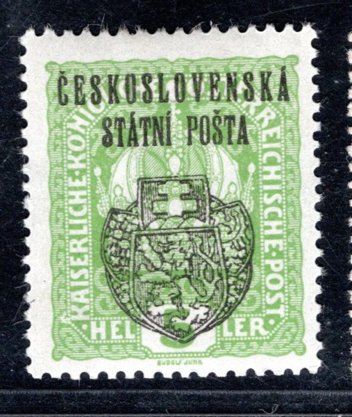 RV 23,  II. Pražský přetisk, koruna, zelená 5 h, zk. Gi