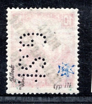99p, typ III, poloha D, perfin G.ST., bílá čísla, červená 10 f, původní lep s nepatrnou opravou, zk. Gi, Vr a atest Vrba, hledaná známka