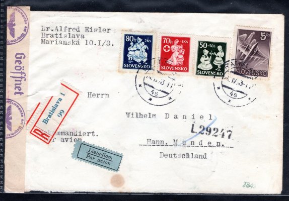 cenzurovaný letecký R,  dopis z Bratislavy, 24/IV/43 do Německa, vyplacený L 7, 84-6, příchozí razítko