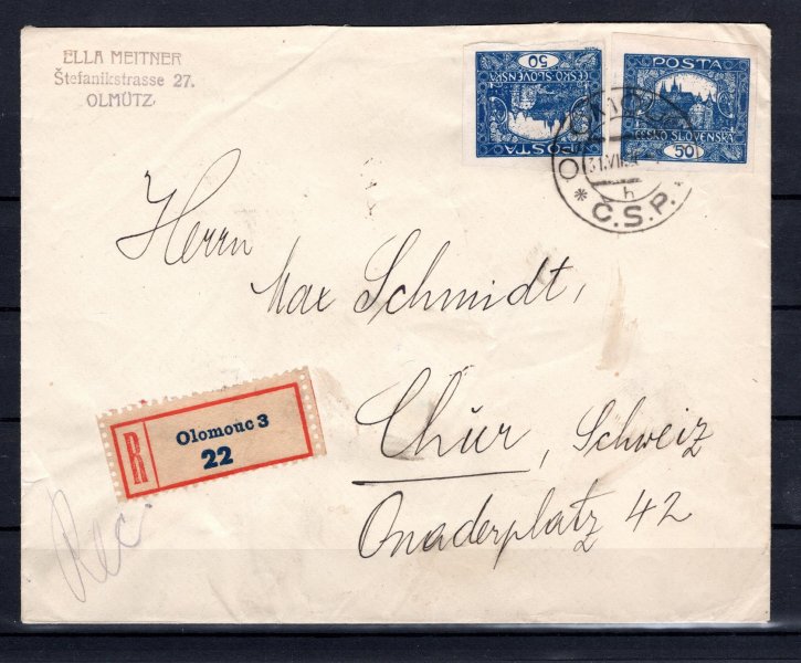 R dopis do Švýcarska, vyplacený Pofis 12 x č. 16, raz. OLOMOUC 3, 31/VIII/20, příchozí CHUR, hledaná dvojnásobná frankatura