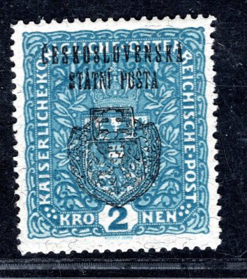 RV 37a,  II. Pražský přetisk, papír žilkovaný, formát široký ( upraveno 11.10), znak, modrá 2 K, zk. Gi, Vrba 