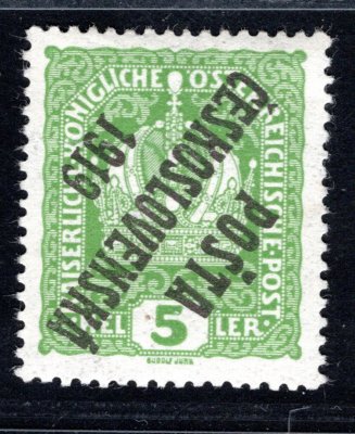34 Pp, typ II, přetisk převrácený, koruna, sv. zelená 5 h, zk. Gi, Ka