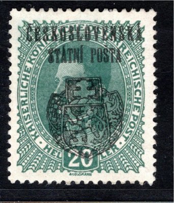 RV 28,  II. Pražský přetisk, Karel, modrozelená 20 h, zk. Vr