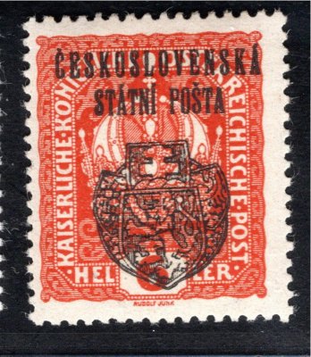 RV 24,  II. Pražský přetisk, koruna, oranžová 6 h, zk. Mr, Vr