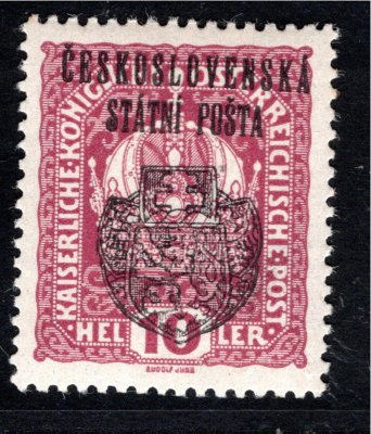 RV 25,  II. Pražský přetisk, koruna, fialová 10 h, zk. Mr, Vr