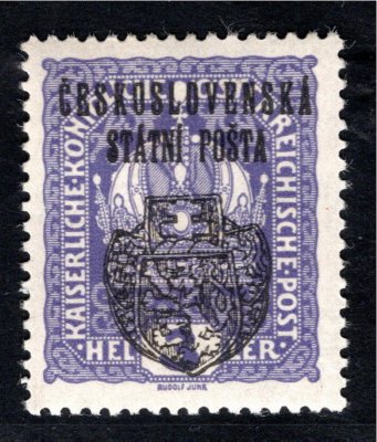 RV 22,  II. Pražský přetisk, koruna, fialová 3 h, zk. Mr, Vr
