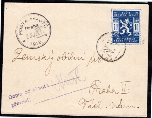 SK 1, modrá 10 h na obálce adresované na Zemský obilní ústav , razítko NV a s otiskem razítka POŠTA SKAUTU PRAHA 1918 s vepsaným datem 23/XI, rámečkové razítko "Dopis od skauta", signováno Vrba