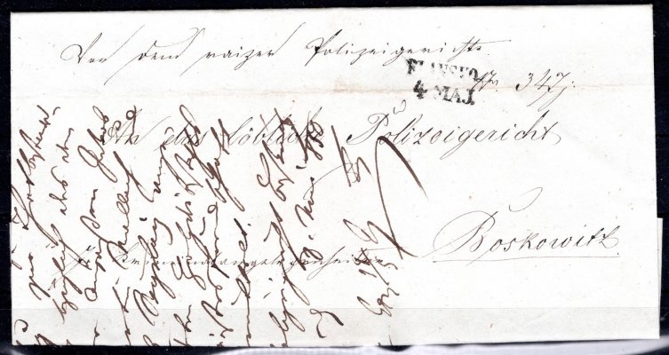 Skládaný dopis z Blanska do Boskovic, r. 1850;  řadkové raz. BLANSKO; 4. MAI, Votoček č. 148/1; 30 bodů