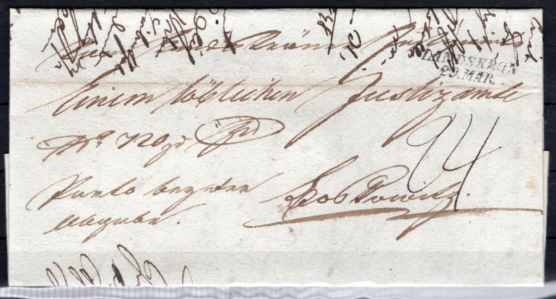 Skládaný dopis z Lanškrouna do Boskovic, r. 1848 ; řádkové raz. LANDSKRON, 29. MAR.; Votoček č. 1198/3, 20 bodů  
