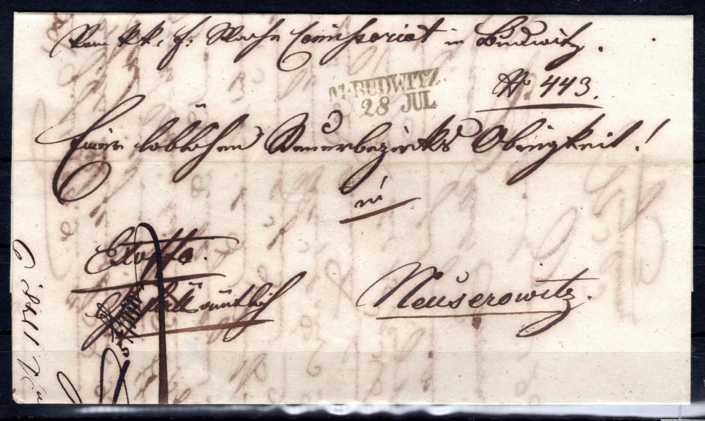 Skládaný dopis z Moravských Buějovic do Žirovnice, r. 1848 ; řádkové raz. M:BUDWITZ, 28.  JUL.; Votoček č. 1337/3, 28 bodů  
