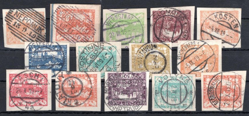 Sestava 14 různých razítek na hradčanských známkách.