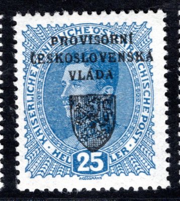 RV 8, I. Pražský přetisk, modrá 25 h, zk. Mr, Vr