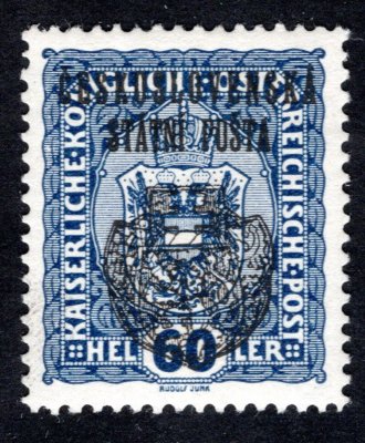 RV 33, II. Pražský přetisk, modrá 60 h, zk. Le, Gi, Vr